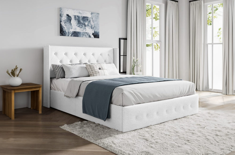 Lift up Storage Platform Bed/Button Tufted Wingback Headboard/Hydraulic Storage