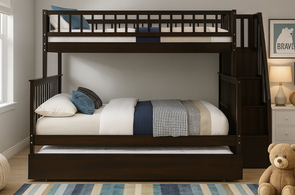 Twin Over Double Wood Bunk Bed With Trundle