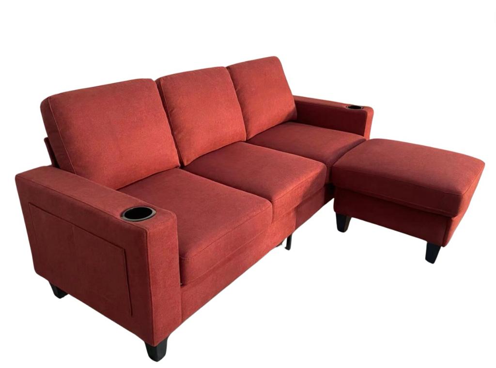 Modern Micro Fabric 3-Seater Sofa with Ottoman & USB Charging Port