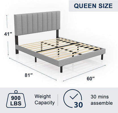 Modern Platform Bed Frame with Vertical Tufted Headboard