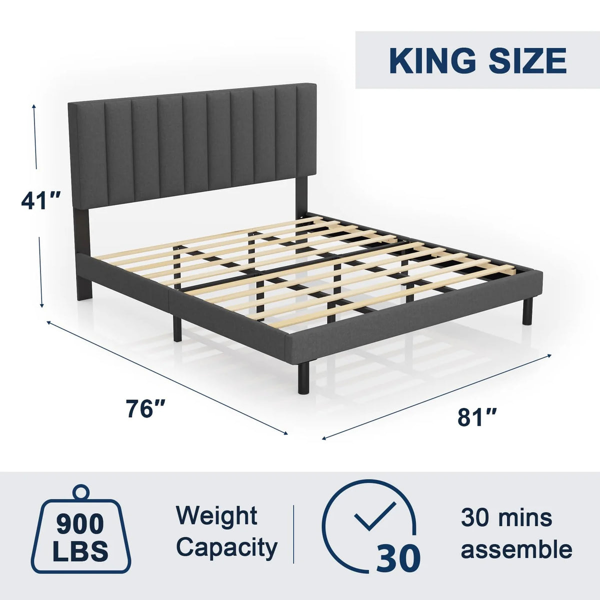 Modern Platform Bed Frame with Vertical Tufted Headboard