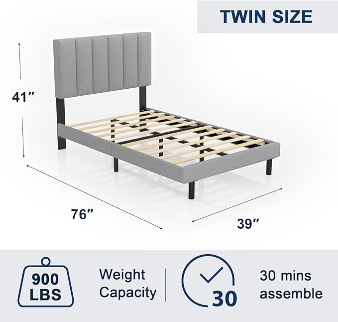 Modern Platform Bed Frame with Vertical Tufted Headboard
