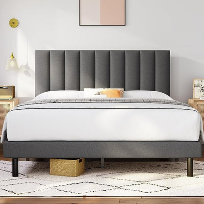 Modern Platform Bed Frame with Vertical Tufted Headboard