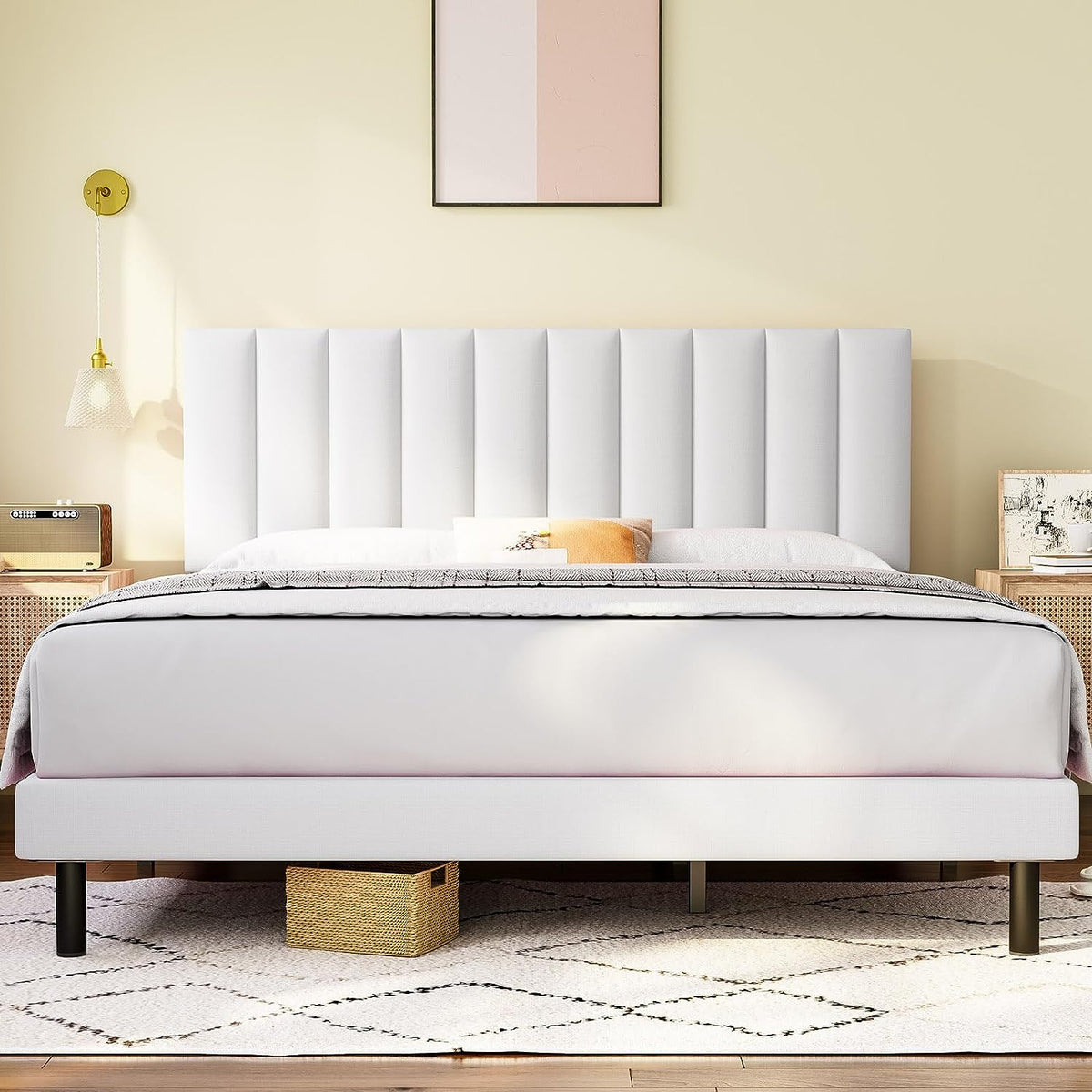 Modern Platform Bed Frame with Vertical Tufted Headboard
