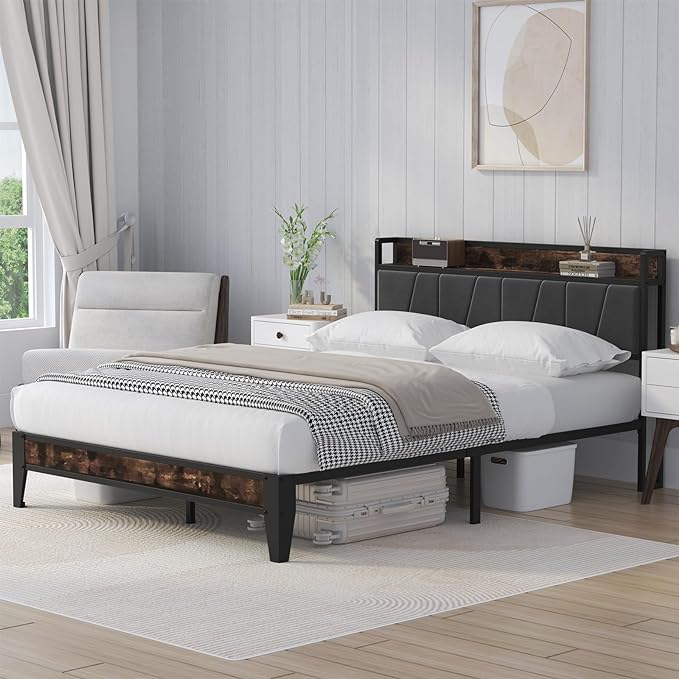 Metal Platform Bed with Storage Headboard