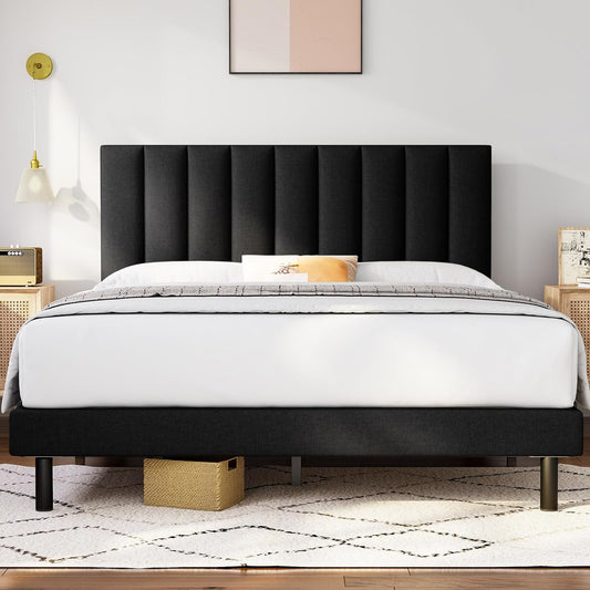 Modern Platform Bed Frame with Vertical Tufted Headboard