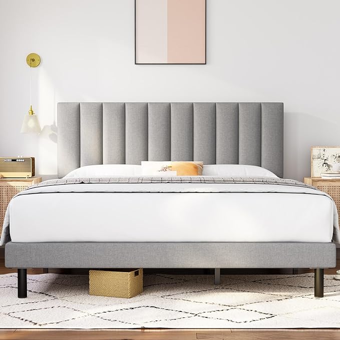 Modern Platform Bed Frame with Vertical Tufted Headboard