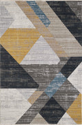 Modern geometric Turkish area rug in gold, grey, blue, charcoal and cream
