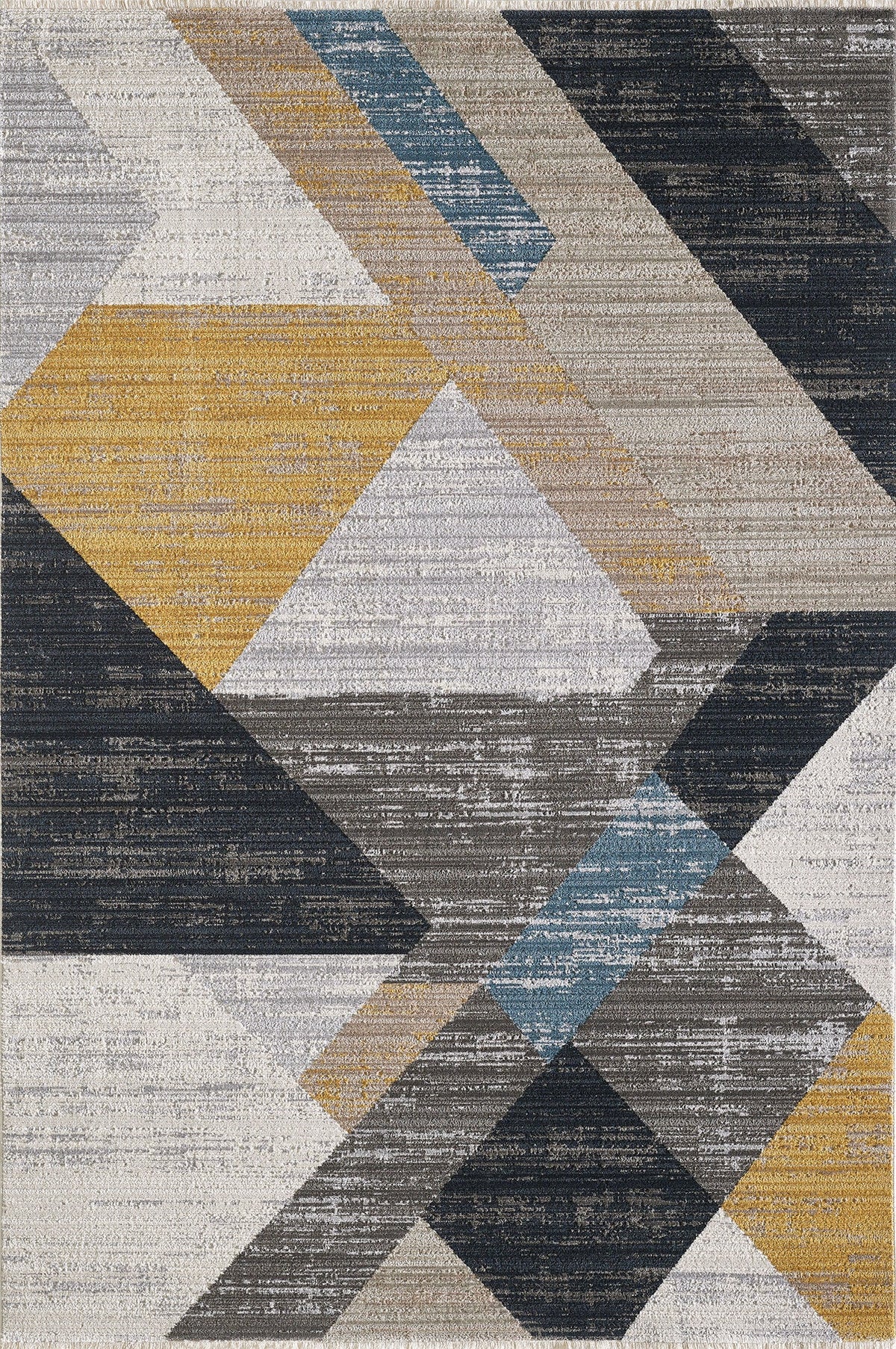 Modern geometric Turkish area rug in gold, grey, blue, charcoal and cream