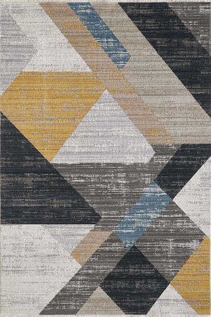 Modern geometric Turkish area rug in gold, grey, blue, charcoal and cream