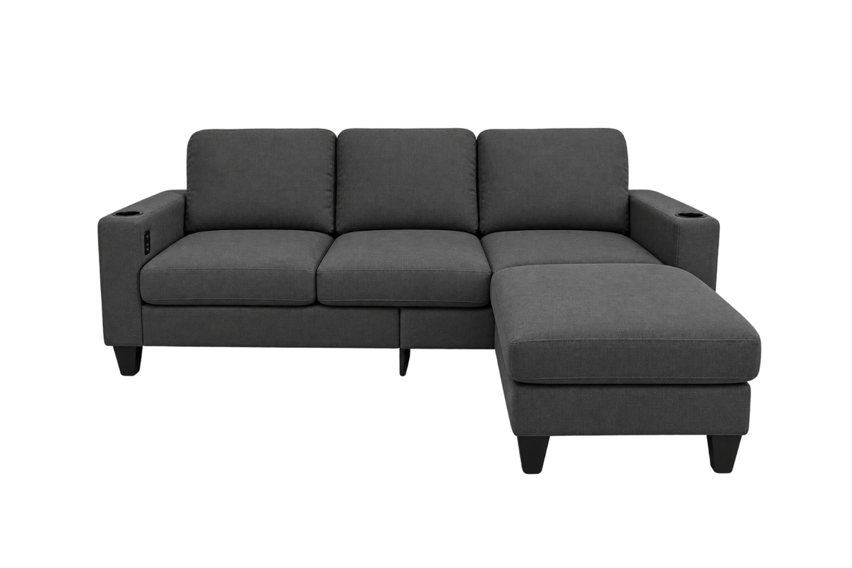 A modern three-seat sofa with a right-side chaise lounge, upholstered in dark gray textured fabric, featuring cup holders in the armrests and dark tapered legs.