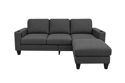 A modern three-seat sofa with a right-side chaise lounge, upholstered in dark gray textured fabric, featuring cup holders in the armrests and dark tapered legs.