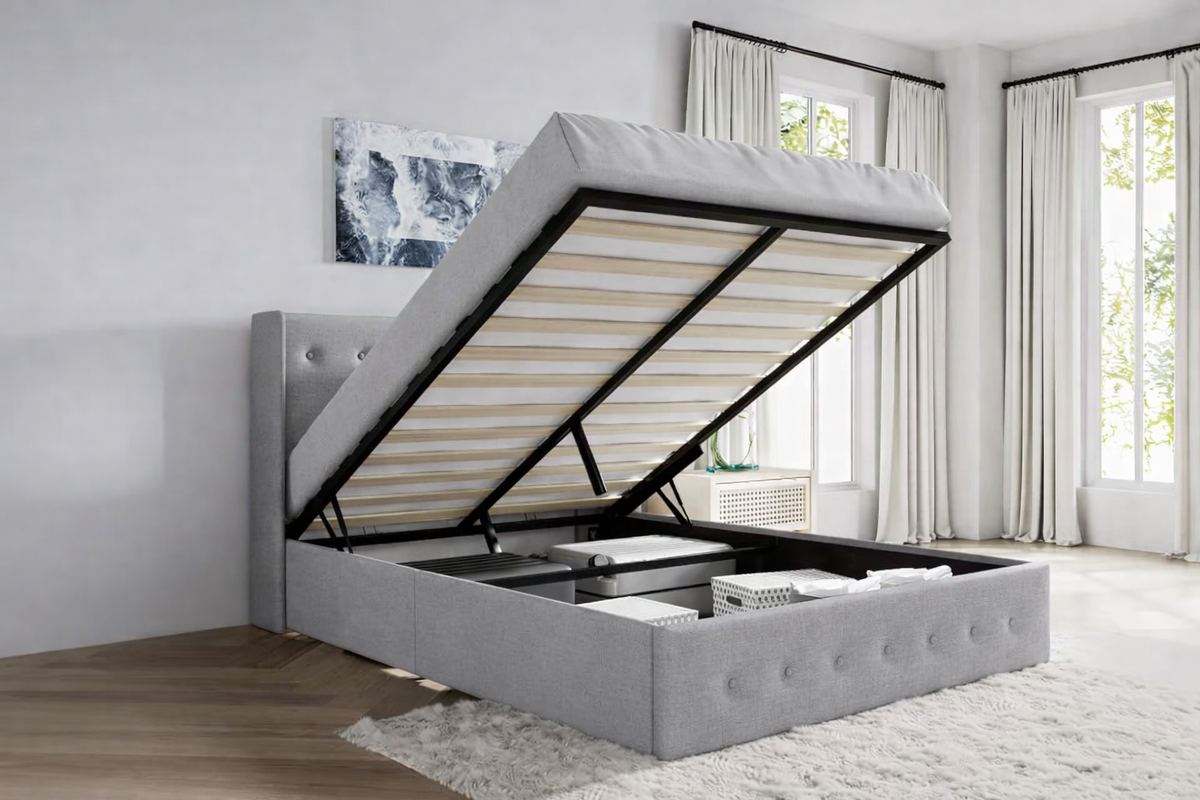 Lift up Storage Platform Bed/Button Tufted Wingback Headboard/Hydraulic Storage