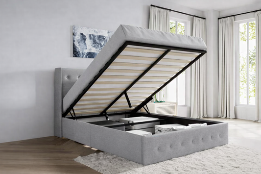 Lift up Storage Platform Bed/Button Tufted Wingback Headboard/Hydraulic Storage