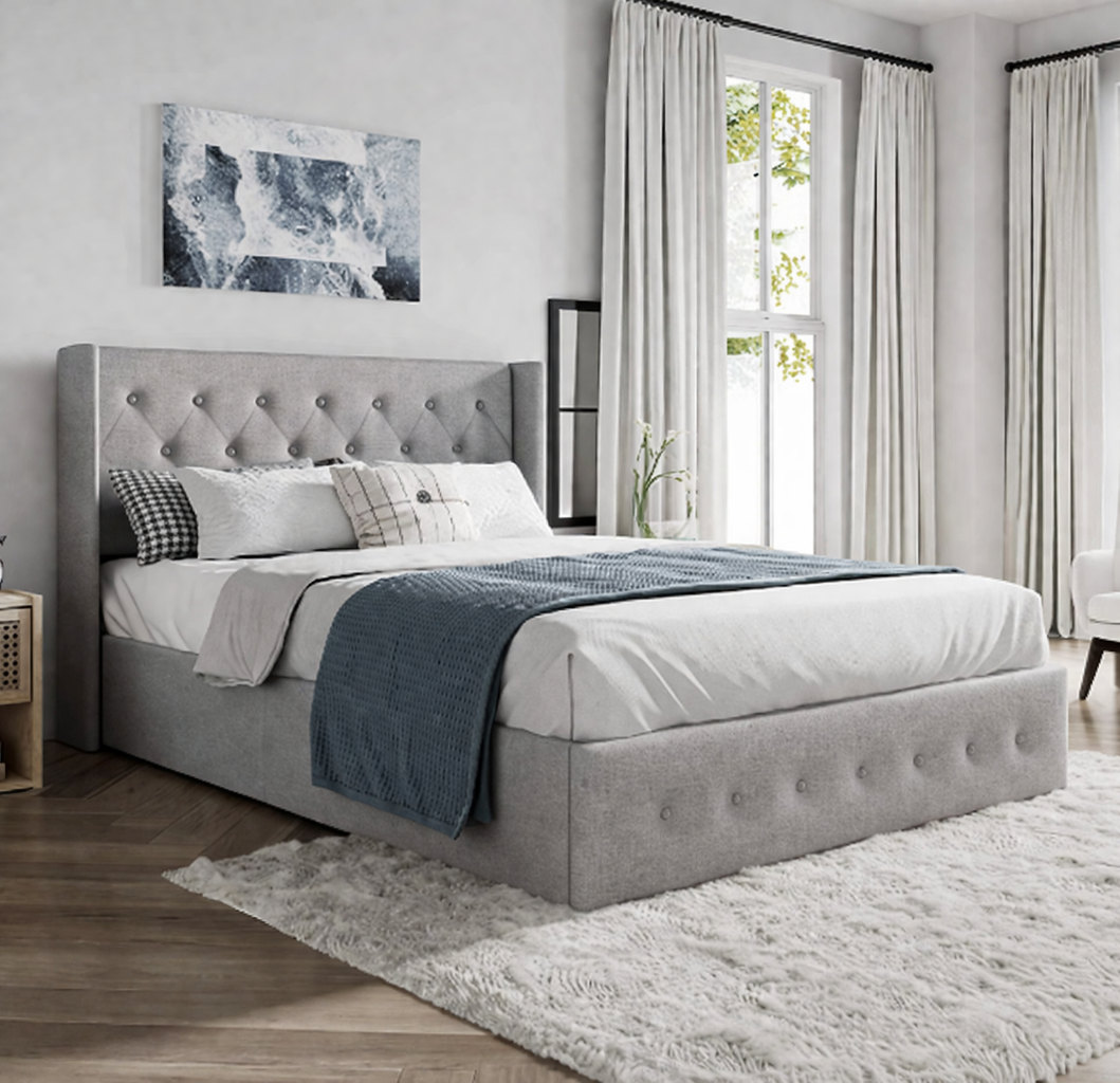 Lift up Storage Platform Bed/Button Tufted Wingback Headboard/Hydraulic Storage