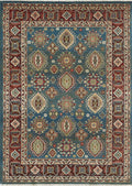 Traditional Persian-inspired area rug with blue field and burgundy ornamental border