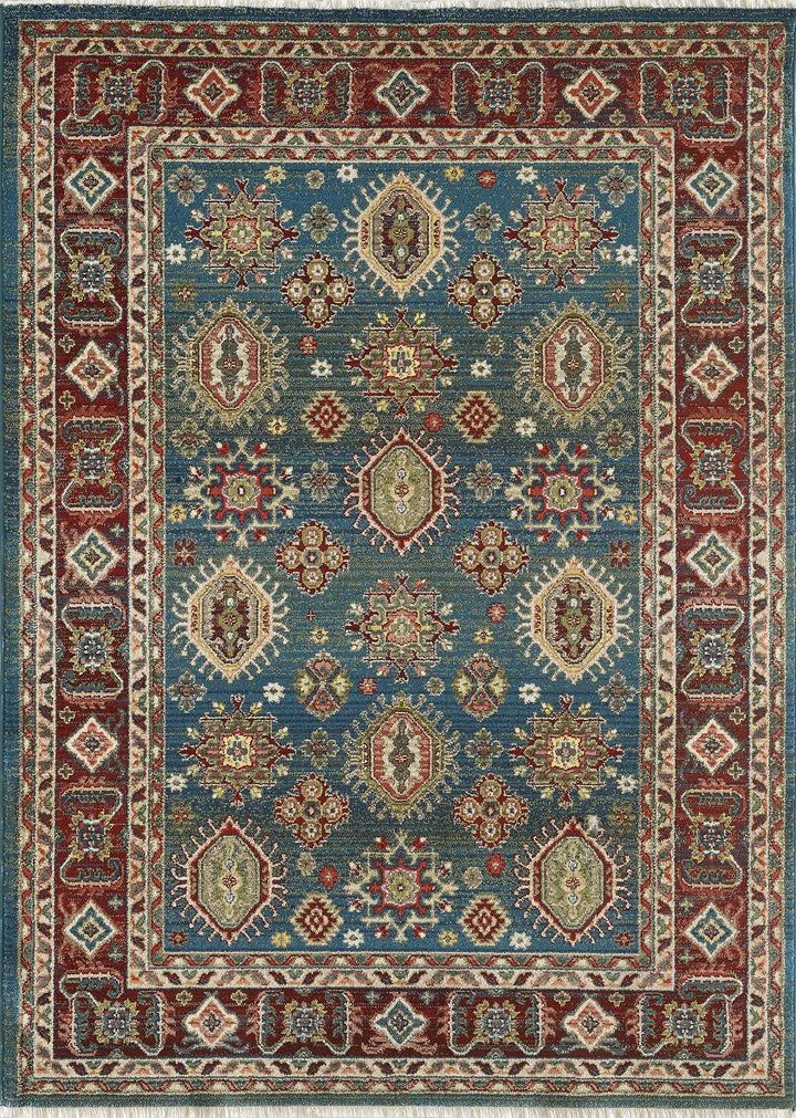 Traditional Persian-inspired area rug with blue field and burgundy ornamental border