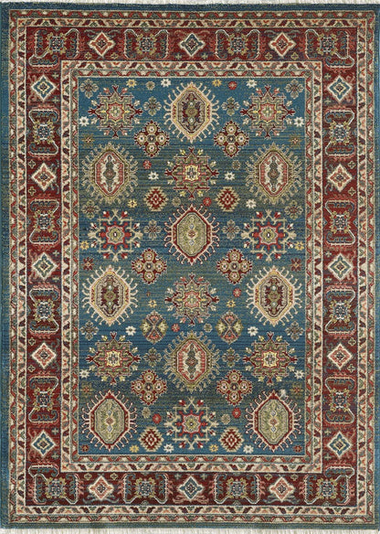 Traditional Persian-inspired area rug with blue field and burgundy ornamental border