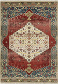 Traditional red Persian-inspired area rug with cream medallion and blue border