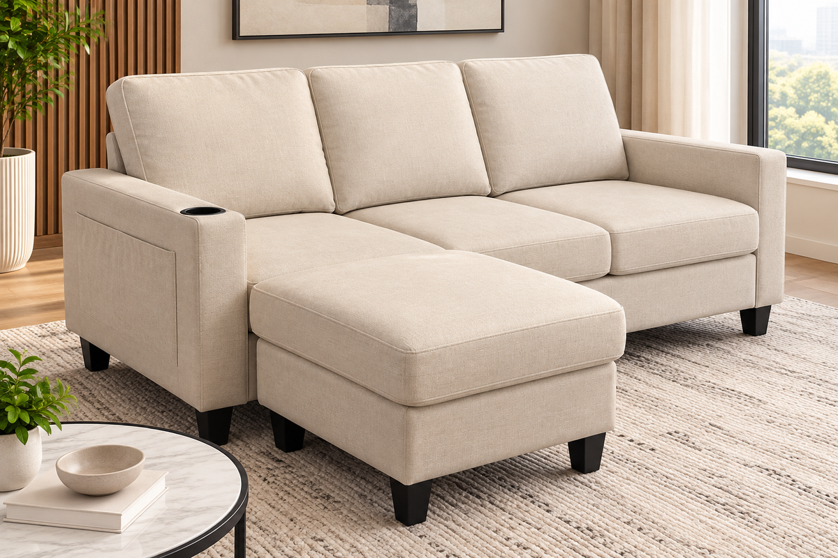 A light beige fabric sectional sofa with a chaise ottoman section, shown in a modern living room setting with a patterned rug, a small round table, and a window.