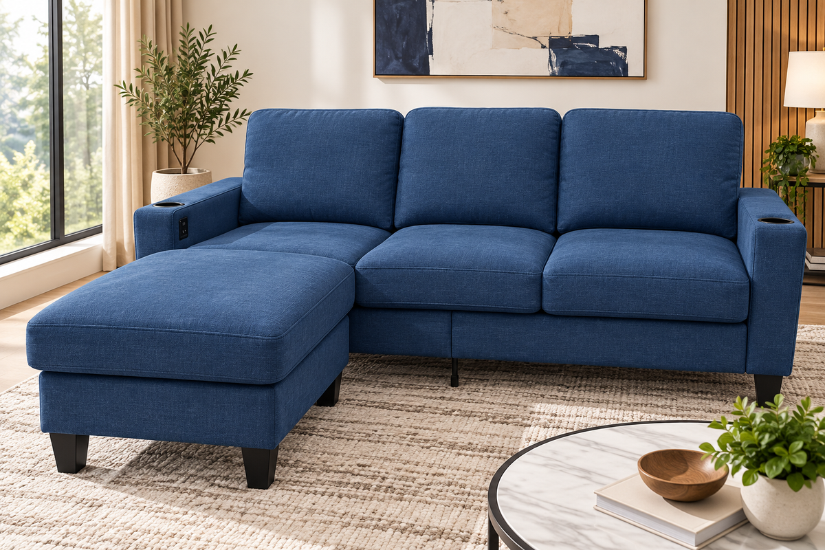 A blue fabric sectional sofa with a chaise lounge on the left, shown in a bright, modern living room setting with a round marble coffee table, plants, and neutral-toned walls.