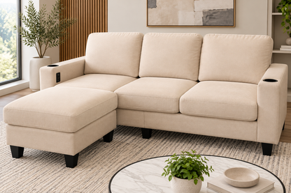A modern beige sectional sofa with a chaise lounge and dark legs, styled in a bright, contemporary living room with a round marble coffee table and potted plants.