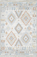 Distressed geometric Turkish area rug with blue, terracotta, grey and neutral tones