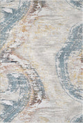Modern abstract Turkish area rug in blue, grey, cream and warm neutral tones