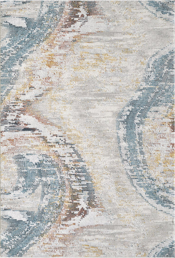 Modern abstract Turkish area rug in blue, grey, cream and warm neutral tones