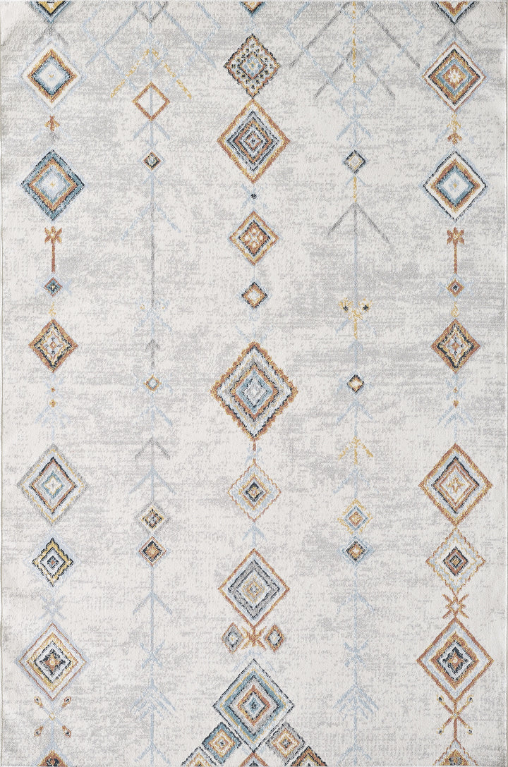 Modern geometric Turkish area rug with neutral background and multicolour diamond pattern