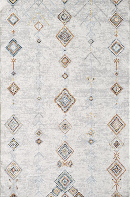 Modern geometric Turkish area rug with neutral background and multicolour diamond pattern