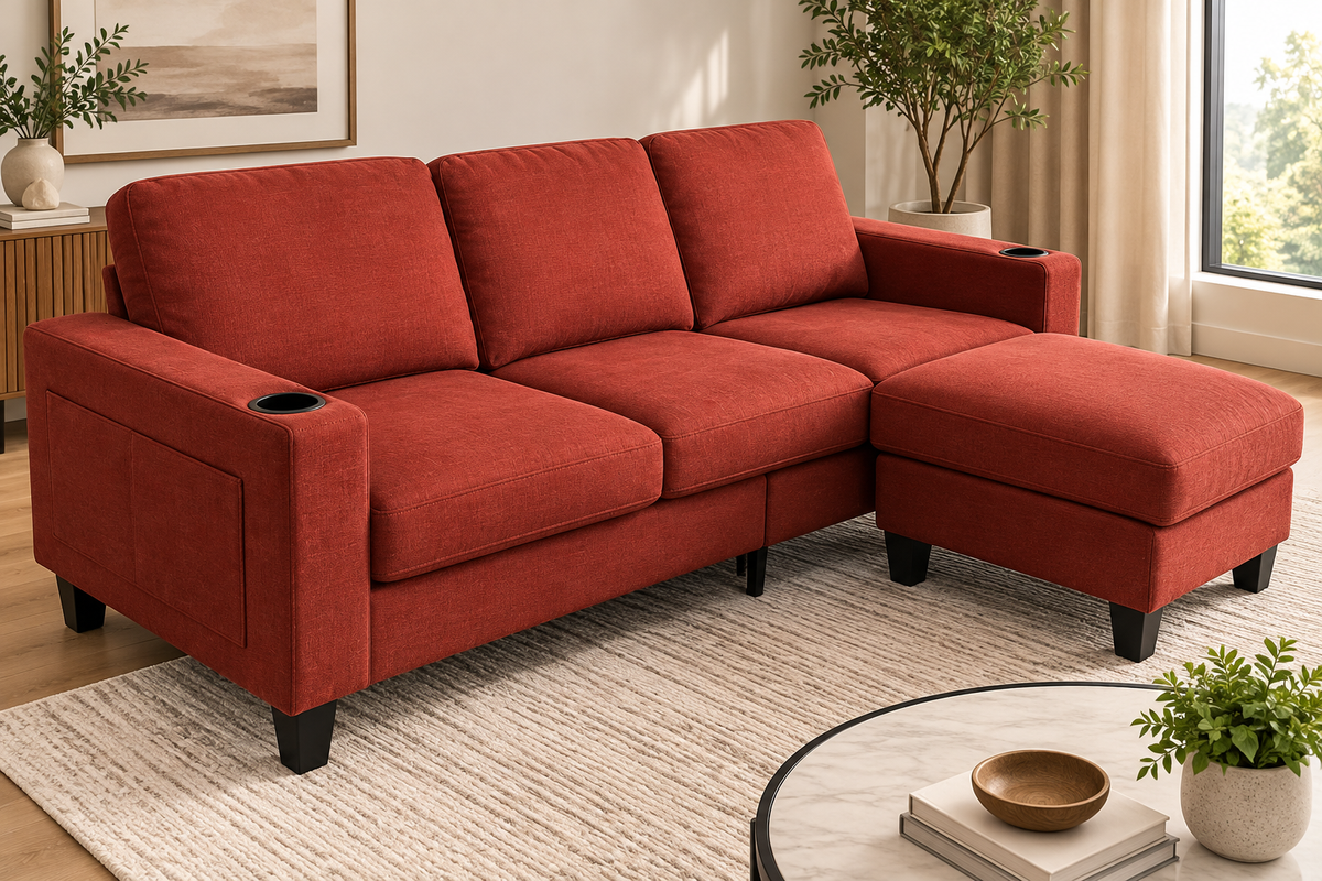 A three-seat sectional sofa with a right-side chaise lounge in a textured rust-red fabric, styled in a bright, modern living room with a neutral rug, potted plants, and a round coffee table.