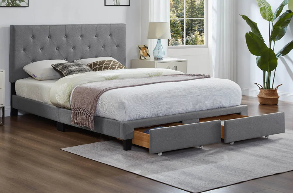 T2125 Grey Linen Platform Bed w/ Storage Drawers