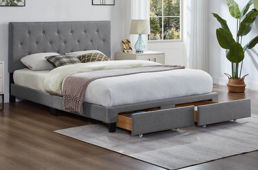 T2125 Grey Linen Platform Bed w/ Storage Drawers