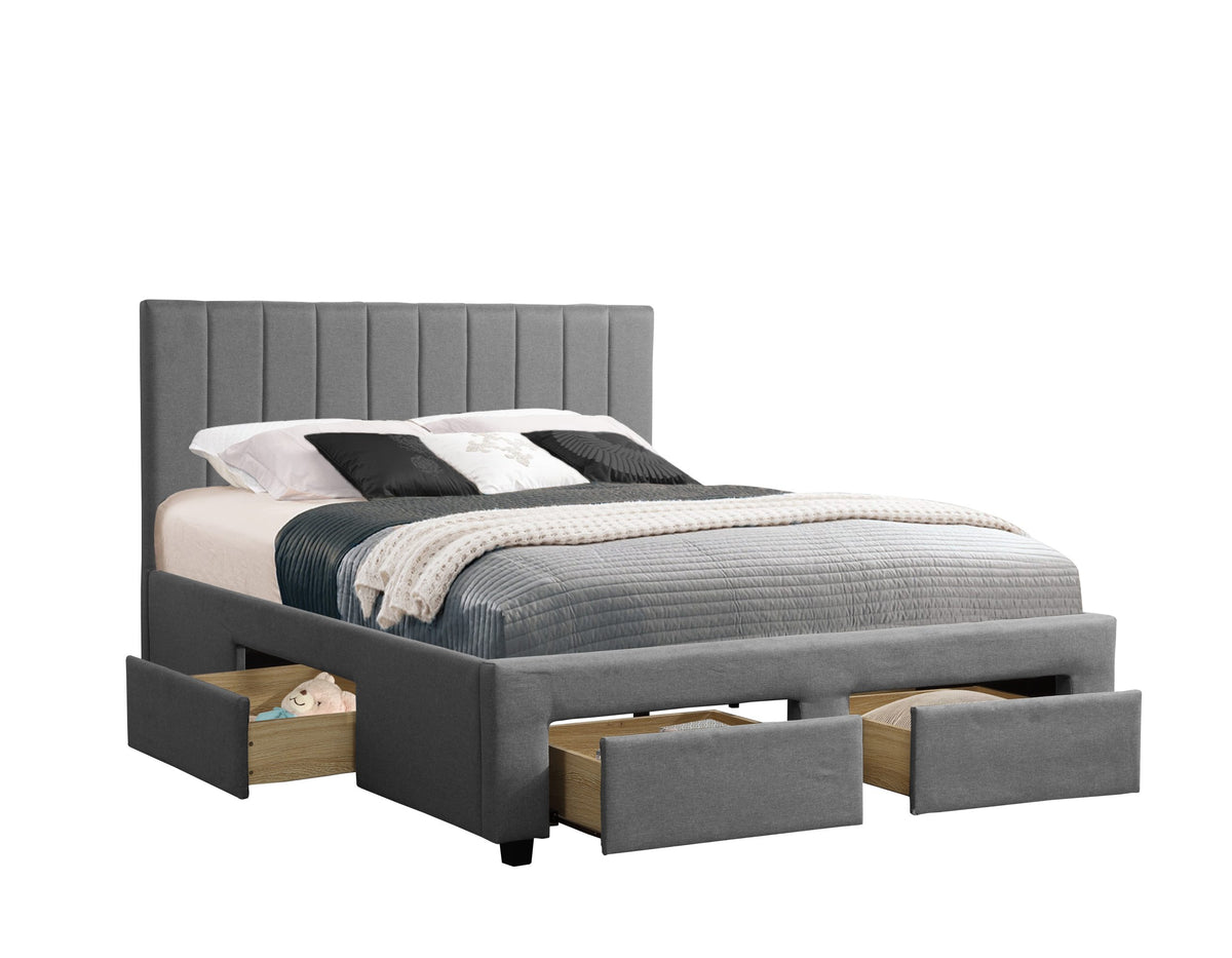 Grey Upholstered Bed with Built-In Drawers