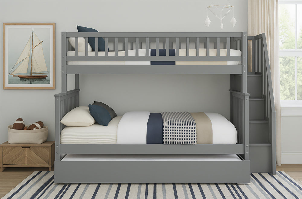 Twin Over Double Wood Bunk Bed With Trundle