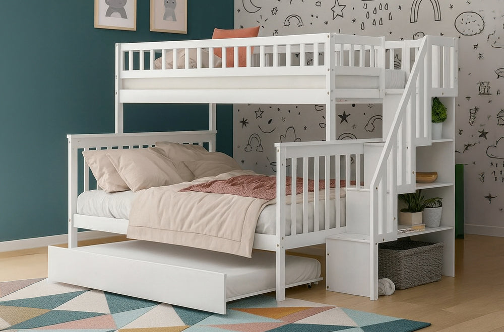 Twin Over Double Wood Bunk Bed With Trundle