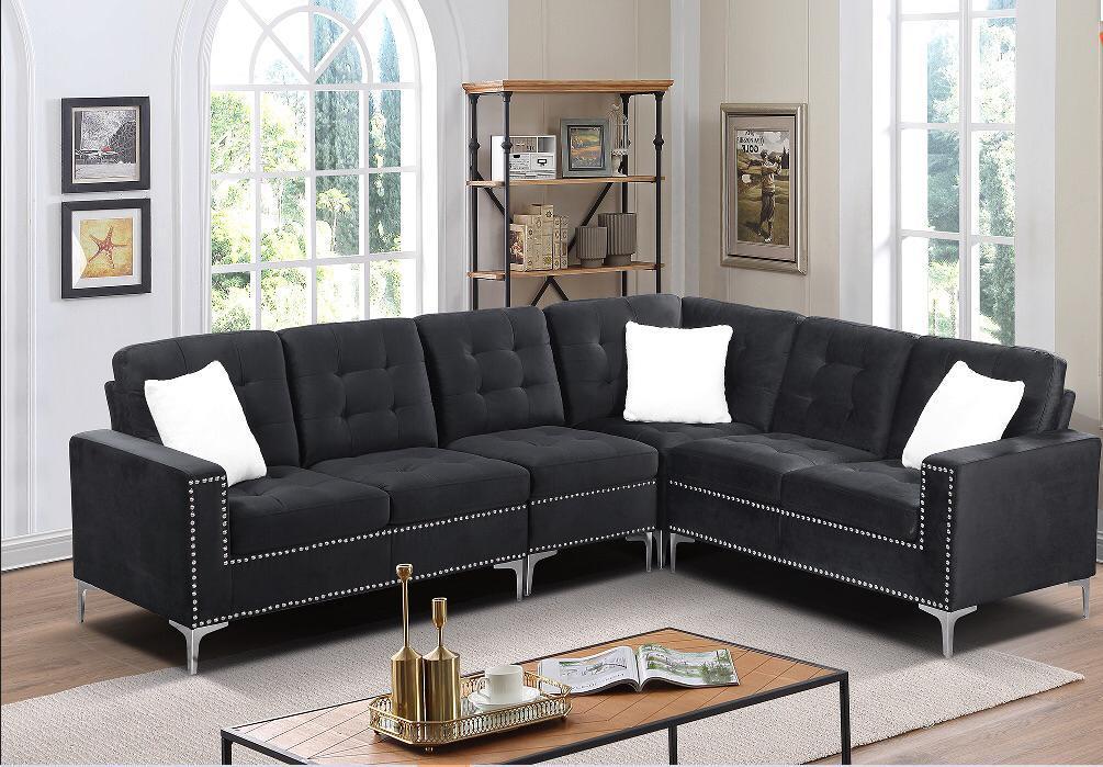 Velvet Sectional With Silver Legs & White Throw Pillows