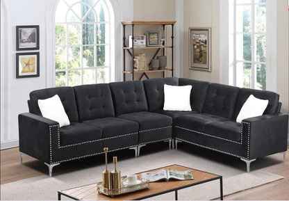 Velvet Sectional With Silver Legs & White Throw Pillows