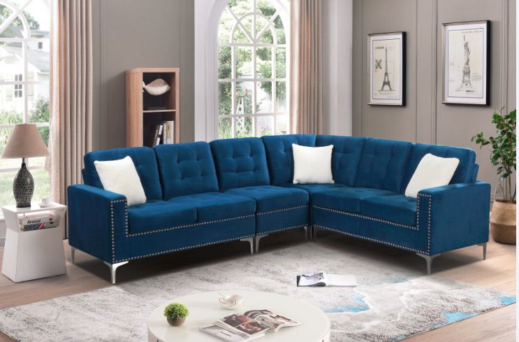 Velvet Sectional With Silver Legs & White Throw Pillows