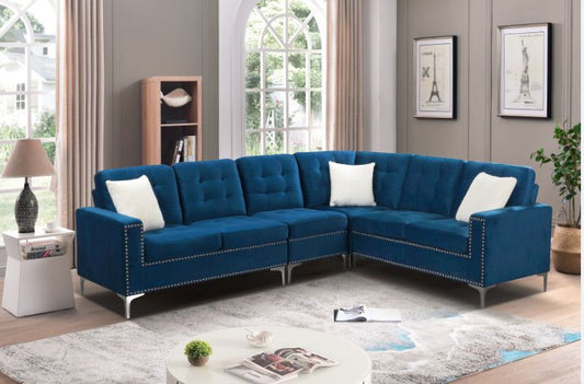 Velvet Sectional With Silver Legs & White Throw Pillows