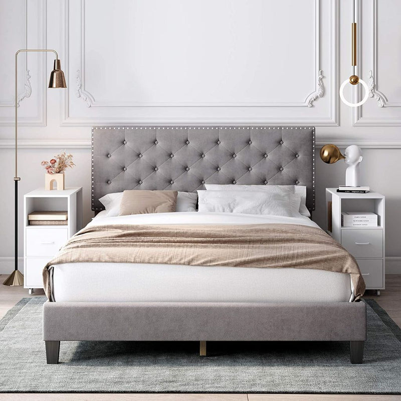 Ruby Nailhead Velvet Bed Frame - Grey