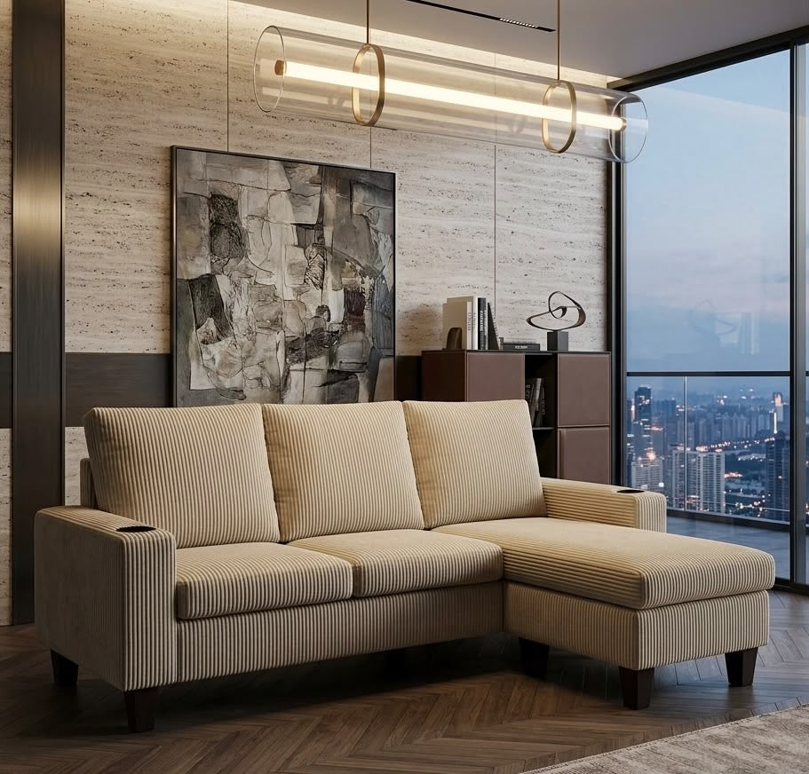 Beige corduroy 3-seater couch with switchable ottoman and cup holders