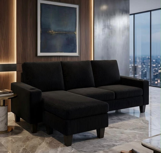 Black corduroy 3-seater couch with switchable ottoman and cup holders